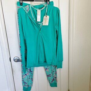 NEW Munki Munki 3 Pc Lounge Pajama Set M Teal Dragonflies Tank Jogger Hoodie NWT